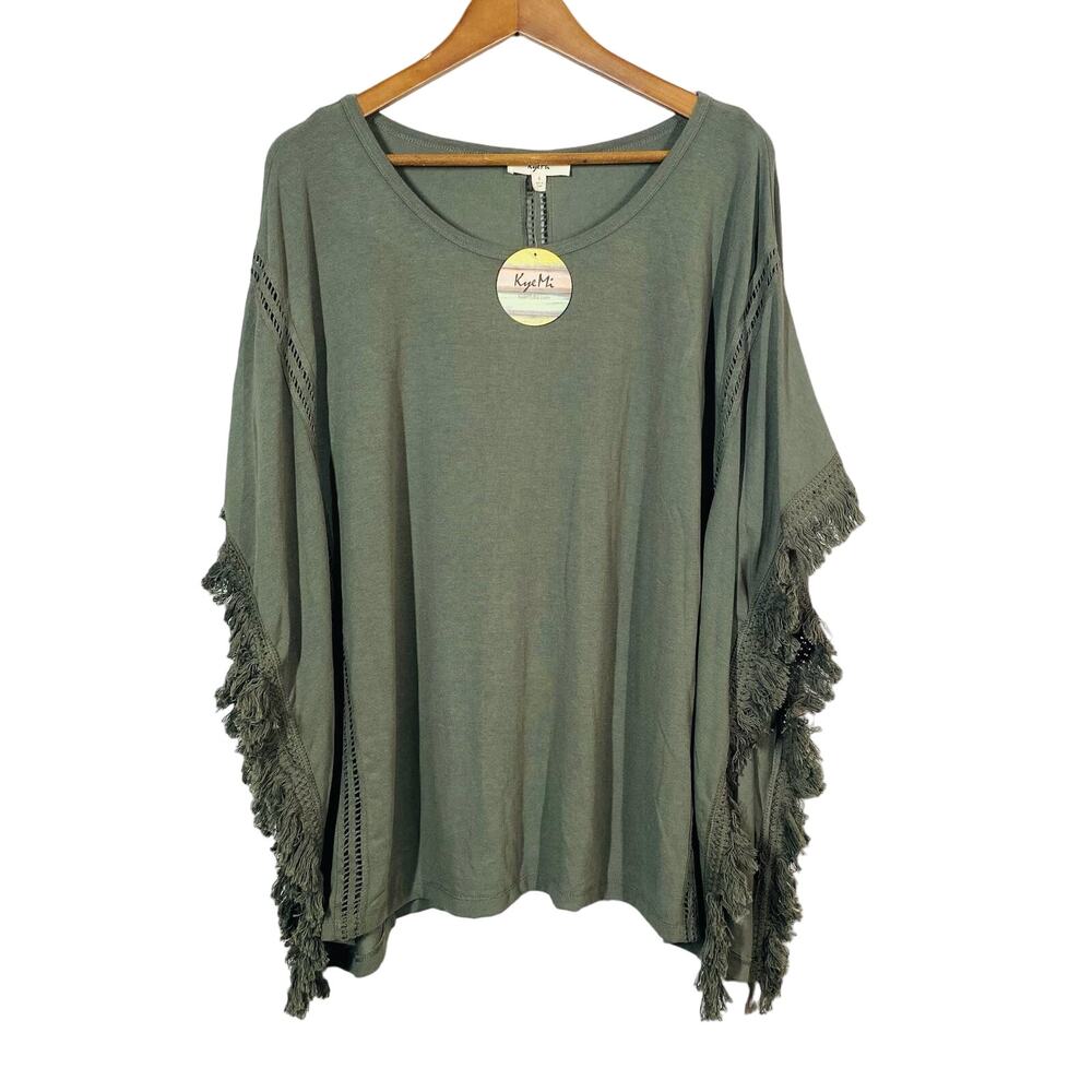 NEW! Kye Mi Boho Smock Cape Poncho Crochet Olive GReen Casual Oversized - S